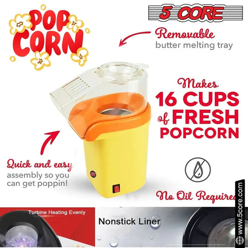 5Core Popcorn Machine 16 Cup Hot Air Popper Mini Portable Electric Pop Corn Maker YELLOW - Rieworkes