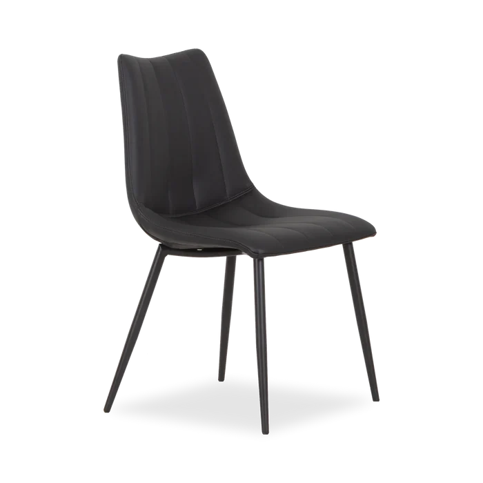 Dining armless side chair with leather seating and black metal legs