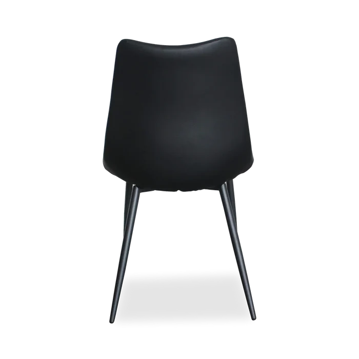 Dining armless side chair with leather seating and black metal legs