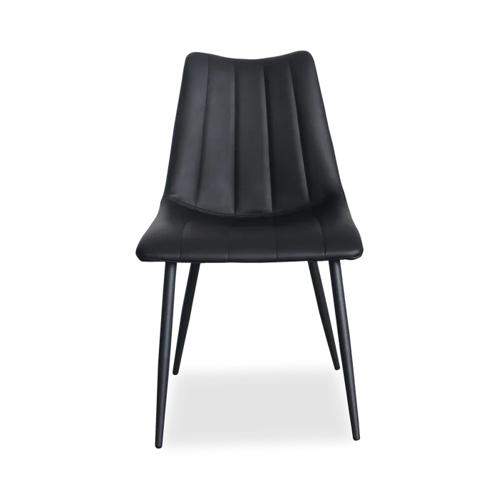 Dining armless side chair with leather seating and black metal legs
