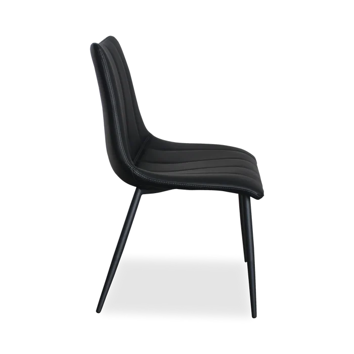 Dining armless side chair with leather seating and black metal legs