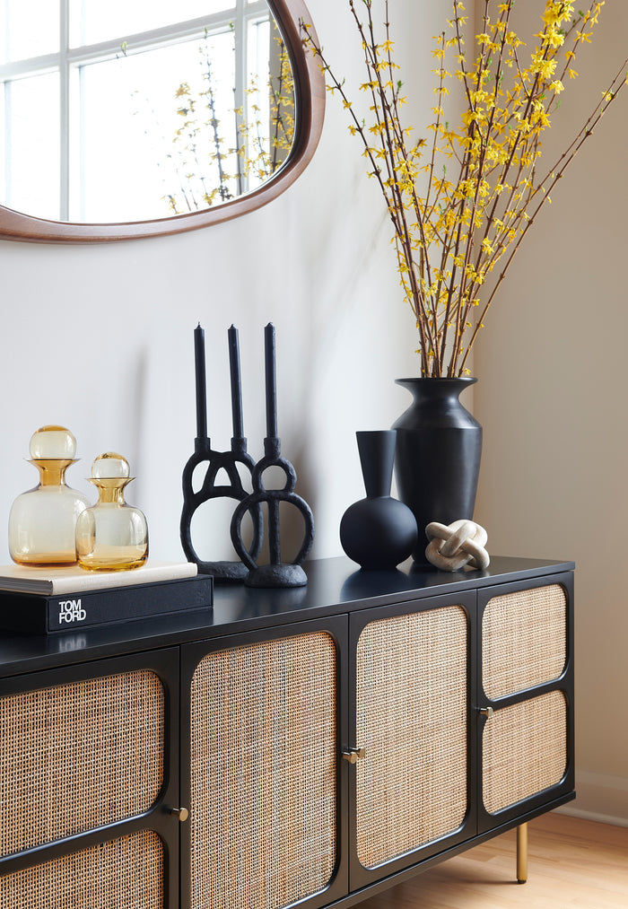 cane cabinet, black vases, tom ford, contemporary design, interior designer, interior decor, home design, home decor