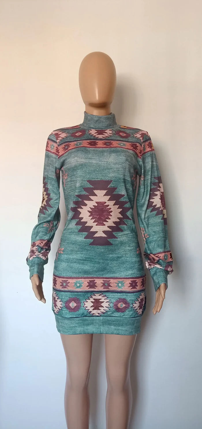 Bohemian Print Mini Dress for Women - Long Sleeve, Skinny Fit, Casual, for Autumn and Winter Rieworkes