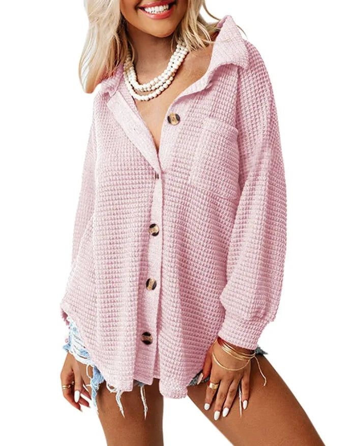 Dokotoo Womens Waffle Knit Shacket Jacket Casual Long Sleeve Button Down Shirts Dressy Blouses Tops Large Pink 1 Rieworkes