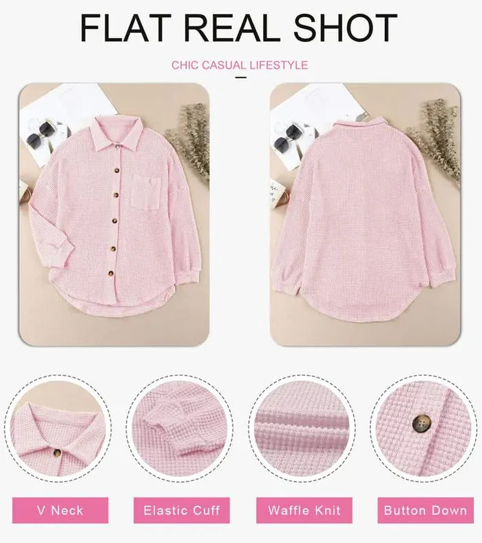 Dokotoo Womens Waffle Knit Shacket Jacket Casual Long Sleeve Button Down Shirts Dressy Blouses Tops Large Pink 1 Rieworkes