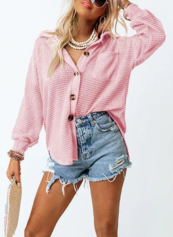 Dokotoo Womens Waffle Knit Shacket Jacket Casual Long Sleeve Button Down Shirts Dressy Blouses Tops Large Pink 1 Rieworkes