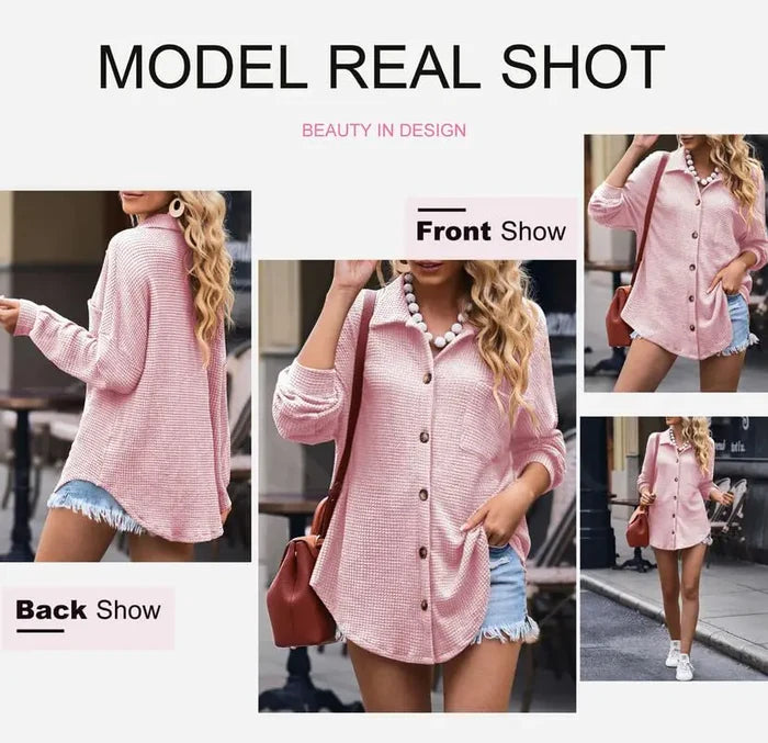 Dokotoo Womens Waffle Knit Shacket Jacket Casual Long Sleeve Button Down Shirts Dressy Blouses Tops Large Pink 1 Rieworkes