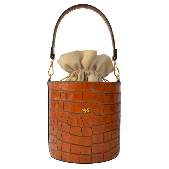 Pratesi Secchiello Lady bag K335 in genuine Italian leather - Croco Embossed Leather Cognac