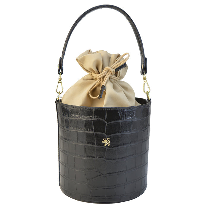 Pratesi Secchiello Lady bag K335 in genuine Italian leather - Croco Embossed Leather Black