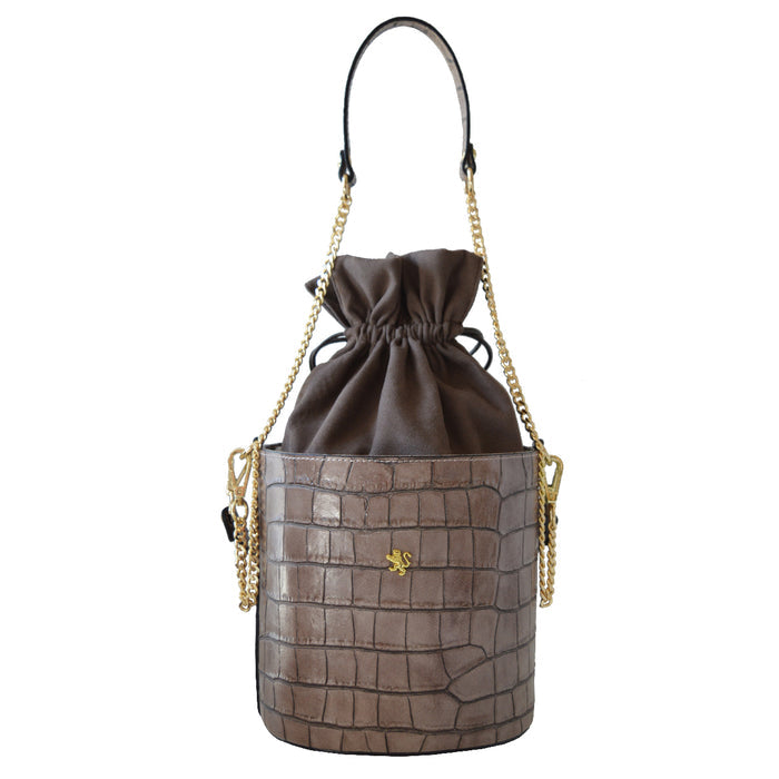 Pratesi Secchiello Lady bag K335 in genuine Italian leather - Croco Embossed Leather Brown