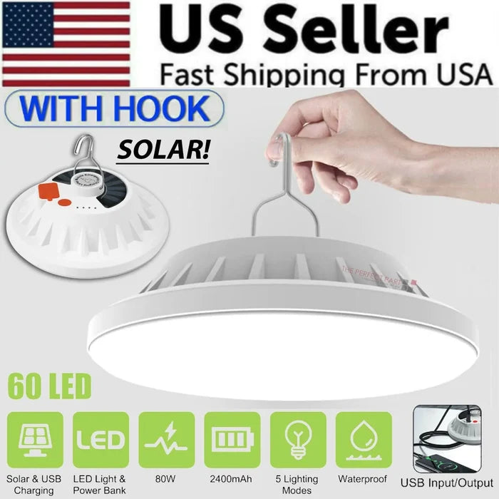 Rechargeable 60 LED Outdoor Camping Tent Light USB & Solar Lantern Hiking Lamp Rieworkes