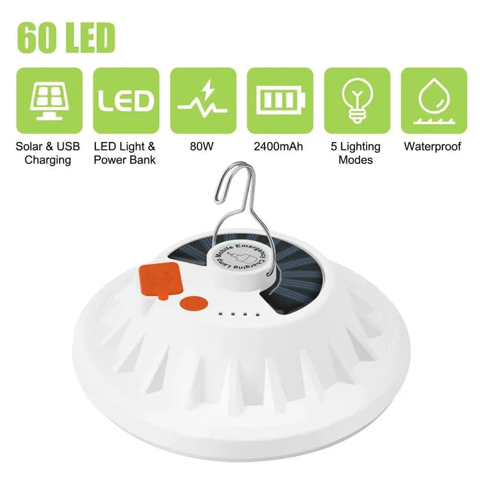 Rechargeable 60 LED Outdoor Camping Tent Light USB & Solar Lantern Hiking Lamp Rieworkes