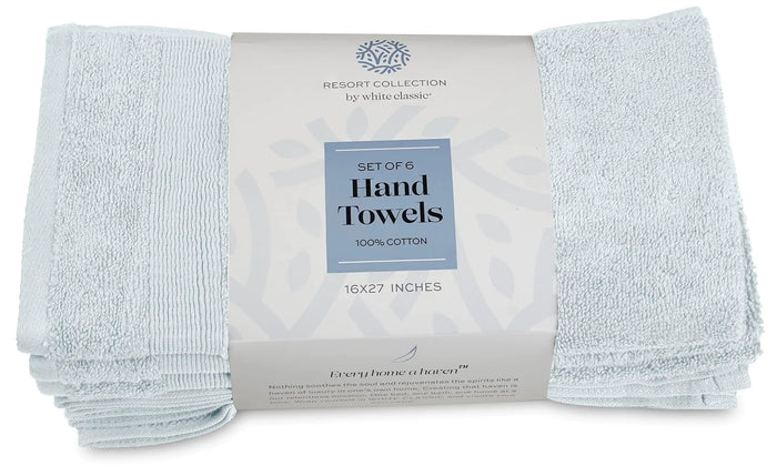 Resort Collection Soft Hand Towels 16x27 in 6 Pack Light Blue Luxury Hotel Rieworkes