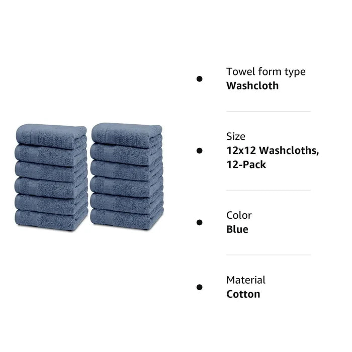 Resort Collection Soft Washcloth Face Body Towel Set 12 Pack Blue 12x12 Luxury Rieworkes