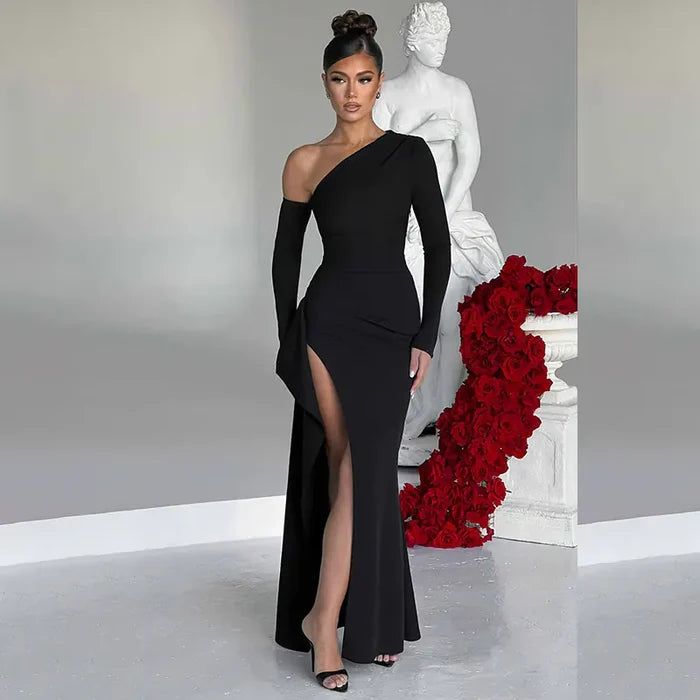 Slant Off-Shoulder High-Slit Evening Dress Rieworkes