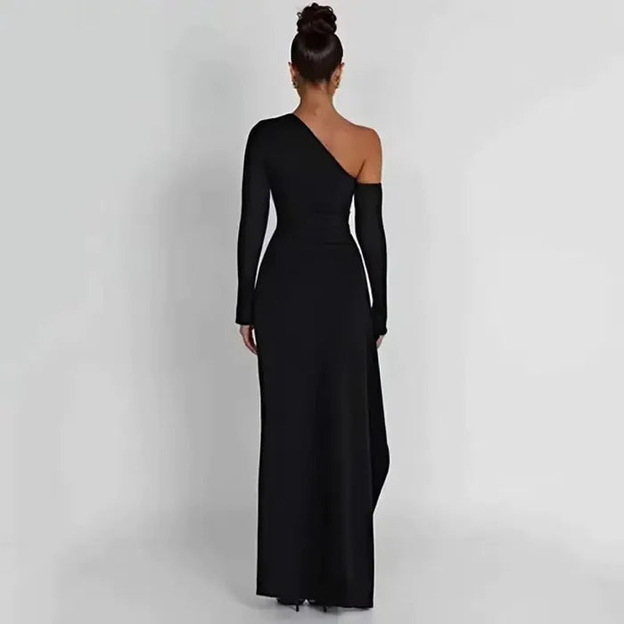 Slant Off-Shoulder High-Slit Evening Dress Rieworkes