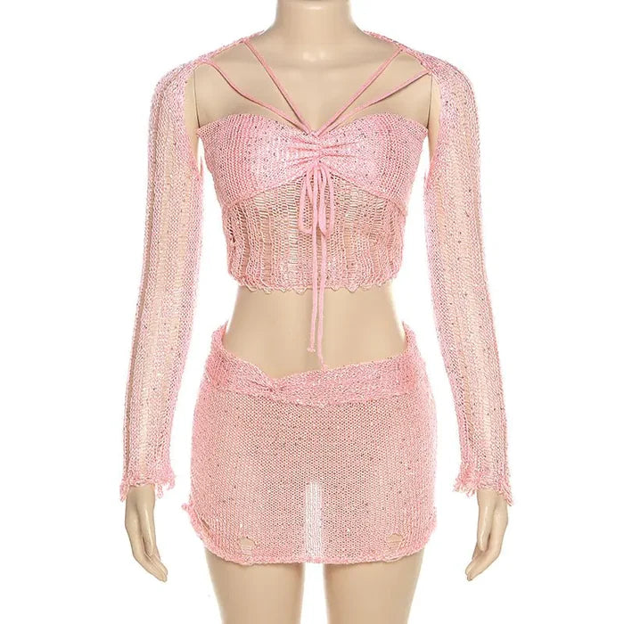 Sweet Like Sugar Distressed Crochet Mini Skirt Set Rieworkes