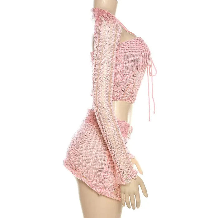 Sweet Like Sugar Distressed Crochet Mini Skirt Set Rieworkes