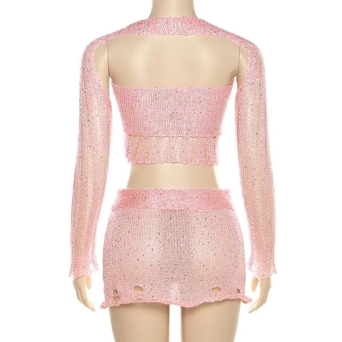 Sweet Like Sugar Distressed Crochet Mini Skirt Set Rieworkes