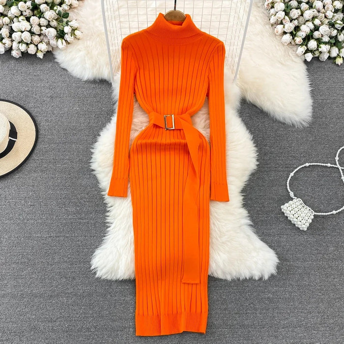 Turtleneck Sexy Wrap Hips Knitted Dresses Rieworkes