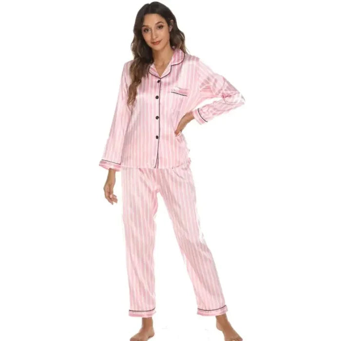 Two Piece Set Pajamas for Women Striped Satin Silk Sleepwear Rieworkes