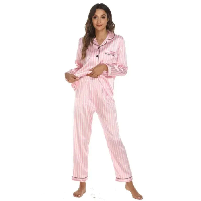 Two Piece Set Pajamas for Women Striped Satin Silk Sleepwear Rieworkes