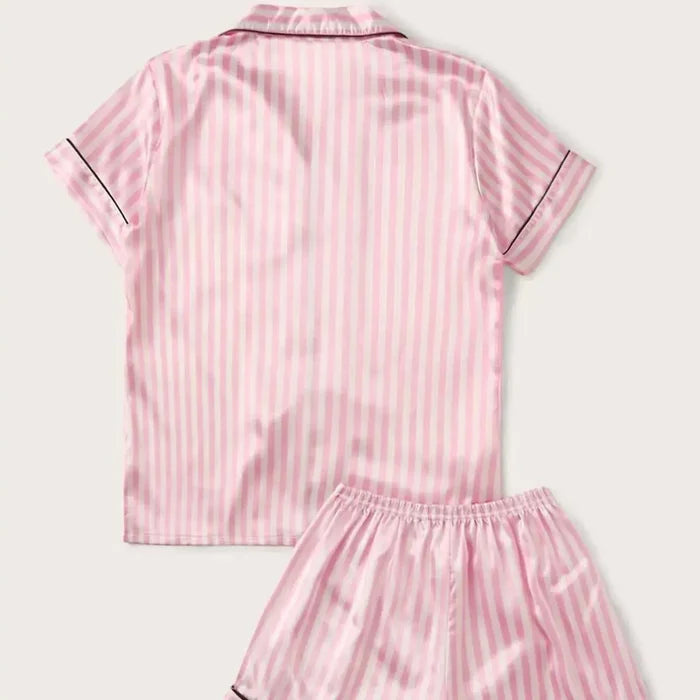 Two Piece Set Pajamas for Women Striped Satin Silk Sleepwear Rieworkes