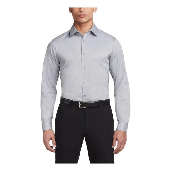 Van Heusen Men's Dress Shirt Slim Fit Flex Collar Stretch Solid 18.5" Neck 32"-33" Sleeve Grey Mist Rieworkes