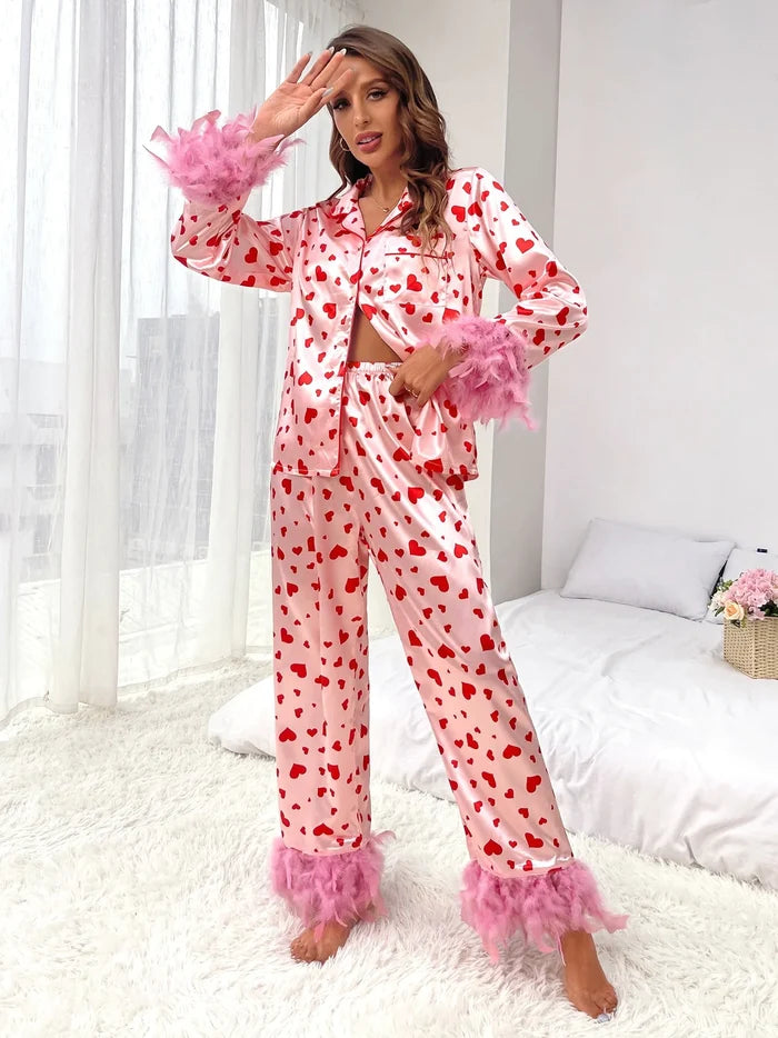Women Loving Heart Printed Casual Suit Pajamas Rieworkes