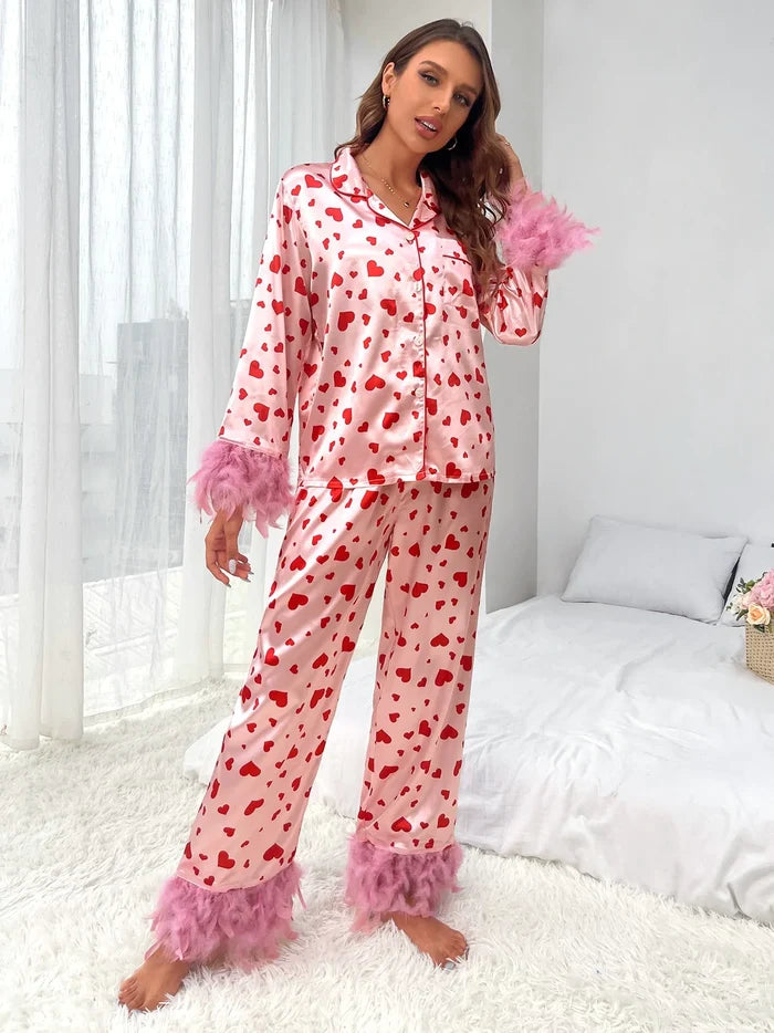 Women Loving Heart Printed Casual Suit Pajamas Rieworkes